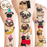 86 PCS Pug Temporary Tattoos Themed Birthday Party Decorations Supplies Favors Decor Cute Dog Puppy Stickers Gifts for Kids Girls Boys School Prizes Rewards